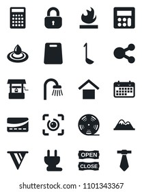 Set of vector isolated black icon - well vector, term, warehouse storage, flammable, reel, calculator, eye id, mountains, lock, bathroom, open close, credit card, ladle, cutting board, power plug