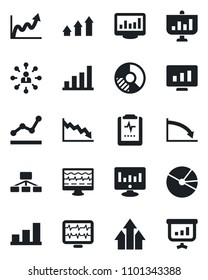 Set of vector isolated black icon - hierarchy vector, statistic monitor, circle chart, pulse, clipboard, statistics, bar graph, pie, point, arrow up, growth, crisis, presentation