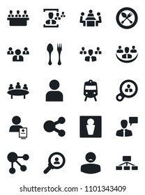 Set of vector isolated black icon - spoon and fork vector, train, male, speaking man, team, meeting, patient, user, company, hr, consumer search, group, social media, hierarchy