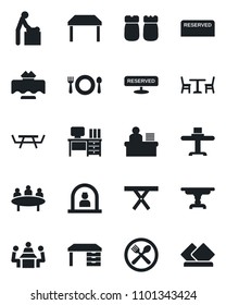 Set of vector isolated black icon - cafe vector, baby room, reception, desk, meeting, picnic table, manager, restaurant, reserved, salt and pepper, serviette