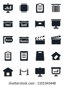 Set of vector isolated black icon - fence vector, flight table, clipboard, clapboard, presentation board, sale, rooms, sold signboard, smart home, cutting, chip