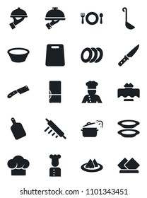 Set of vector isolated black icon - fridge vector, cook, restaurant table, serviette, cafe, hat, plates, waiter, ladle, bowl, rolling pin, cutting board, knife, steaming pan