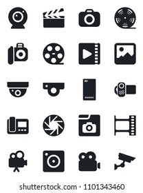 Set of vector isolated black icon - clapboard vector, film frame, reel, camera, video, phone back, mobile, gallery, photo, web, intercome, surveillance