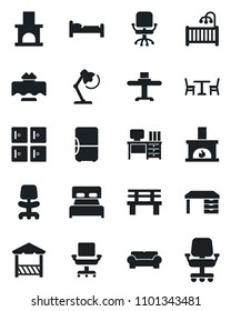 Set of vector isolated black icon - cafe vector, bed, checkroom, office chair, desk, bench, fireplace, lamp, bedroom, children room, cushioned furniture, restaurant table, alcove, fridge