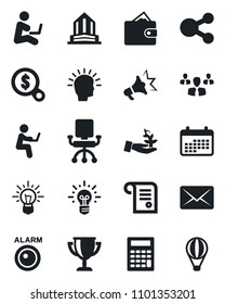 Set of vector isolated black icon - alarm led vector, group, palm sproute, shining head, wallet, office chair, money search, idea, calendar, calculator, social media, mail, advertising, award cup