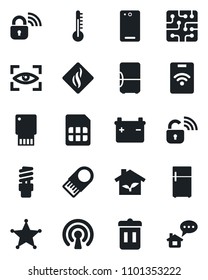 Set of vector isolated black icon - phone back vector, sim, chip, eco house, wireless lock, smoke detector, thermometer, energy saving bulb, eye scan, police, trash bin, fridge, usb flash, pass card