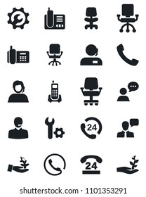 Set of vector isolated black icon - office chair vector, phone, 24 hours, support, speaker, radio, call, root setup, palm sproute