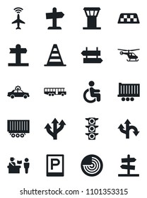 Set of vector isolated black icon - airport tower vector, plane radar, taxi, bus, parking, passport control, signpost, alarm car, border cone, helicopter, disabled, route, traffic light, guidepost