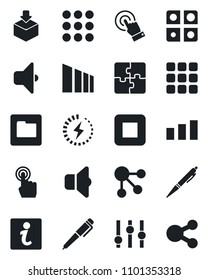 Set of vector isolated black icon - package vector, sorting, settings, touch screen, stop button, menu, folder, charge, application, pen, sound, information, social media