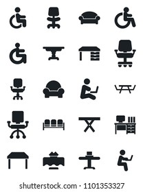Set of vector isolated black icon - waiting area vector, disabled, office chair, desk, picnic table, cushioned furniture, restaurant, man with notebook