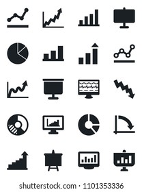 Set of vector isolated black icon - growth statistic vector, presentation board, crisis graph, circle chart, monitor pulse, statistics, bar, pie, point