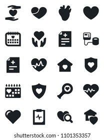 Set of vector isolated black icon - heart vector, pulse, diagnosis, blood pressure, diagnostic, shield, hand, real, medical calendar, clipboard, sweet home