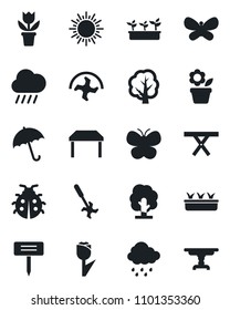 Set of vector isolated black icon - umbrella vector, sun, flower in pot, ripper, tree, butterfly, lady bug, seedling, rain, plant label, picnic table, tulip