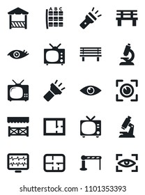 Set of vector isolated black icon - barrier vector, tv, seat map, bench, monitor pulse, microscope, eye, torch, plan, alcove, scan