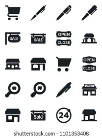 Set of vector isolated black icon - 24 around vector, shop, pen, store, search cargo, sale, sold signboard, cafe building, open close, cart, storefront