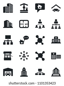 Set of vector isolated black icon - hierarchy vector, well, molecule, hospital, office building, garage, plan, home message