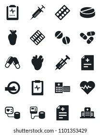 Set of vector isolated black icon - heart pulse vector, diagnosis, syringe, blood pressure, pills, blister, tomography, real, clipboard, hospital