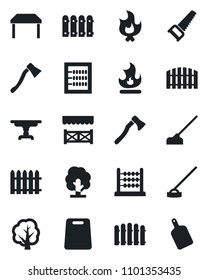 Set of vector isolated black icon - fence vector, tree, saw, fire, hoe, axe, abacus, table, alcove, cutting board