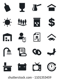 Set of vector isolated black icon - dollar sign vector, team, contract, sun, fireplace, seeds, caterpillar, patient, fragile, warehouse storage, chain, garage, estate document, bathroom, tv, battery