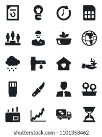 Set of vector isolated black icon - pedestal vector, bulb, document reload, rain, garden knife, drip irrigation, doctor, sim, mail, estate agent, moving, sweet home, flower in pot, drink, salad