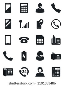 Set of vector isolated black icon - mobile phone vector, office, 24 hours, support, tracking, cell, radio, call, sim, cellular signal, charge, combination lock