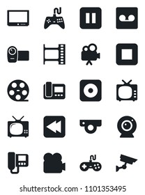 Set of vector isolated black icon - film frame vector, reel, tv, gamepad, video camera, pause button, stop, rewind, rec, record, web, intercome, surveillance