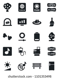 Set of vector isolated black icon - ticket office vector, passport, statistic monitor, bench, dropper, broken bone, low battery, themes, brightness, music, copier, fruit tree, serviette, open close