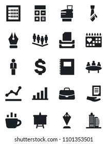 Set of vector isolated black icon - manager vector, dollar sign, case, calculator, pennant, team, presentation board, coffee, document, meeting, medical calendar, copybook, bar graph, abacus, point
