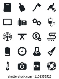 Set of vector isolated black icon - coffee machine vector, gear, notebook pc, saw, axe, picnic table, drip irrigation, dropper, office phone, clock, camera, antenna, satellite, low battery, flask