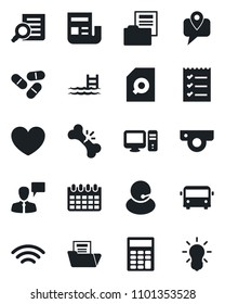 Set of vector isolated black icon - airport bus vector, speaking man, document search, calendar, heart, pills, broken bone, support, mobile tracking, wireless, news, folder, calculator, checklist