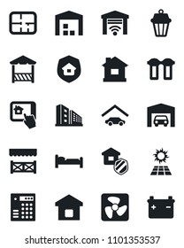 Set of vector isolated black icon - bed vector, house, garage, warehouse, plan, office building, smart home, estate insurance, alcove, fan, control app, water filter, outdoor lamp, gate, sun panel