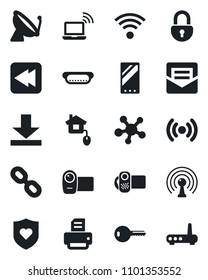 Set of vector isolated black icon - satellite antenna vector, wireless notebook, printer, heart shield, video camera, share, chain, rewind, mobile, mail, download, lock, key, hot dog, home control