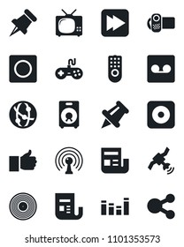 Set of vector isolated black icon - vinyl vector, antenna, satellite, news, gamepad, equalizer, video camera, network, speaker, finger up, paper pin, fast forward, rec button, record, tv