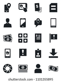 Set of vector isolated black icon - identity card vector, document, important flag, cash, mobile tracking, cell phone, camera, user, download, application, restaurant receipt, home control app