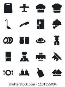Set of vector isolated black icon - fridge vector, cook, restaurant table, serviette, cafe, hat, plates, waiter, salt and pepper, ladle, rolling pin, cutting board, knife