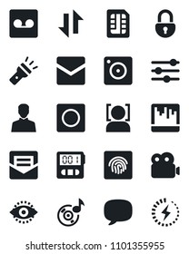 Set of vector isolated black icon - message vector, mobile camera, tuning, user, stopwatch, mail, record, scanner, sim, data exchange, torch, lock, face id, eye, fingerprint, music, video, charge