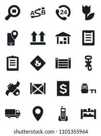 Set of vector isolated black icon - pin vector, satellite, office phone, 24 hours, mobile tracking, car delivery, receipt, sea port, container, clipboard, up side sign, no hook, tulip, warehouse