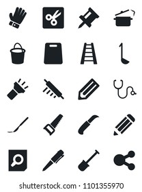 Set of vector isolated black icon - document search vector, pen, pencil, shovel, ladder, bucket, glove, saw, garden knife, stethoscope, scalpel, torch, cut, drawing pin, ladle, rolling, steaming pan