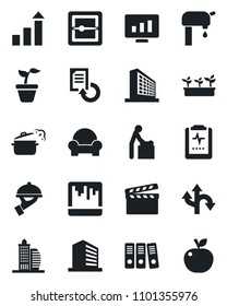 Set of vector isolated black icon - baby room vector, office building, growth statistic, monitor, document reload, seedling, pulse clipboard, route, clapboard, scanner, paper binder, water supply