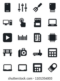 Set of vector isolated black icon - notebook pc vector, garden fork, bench, barcode, camera, touch screen, laptop, play button, phone back, tuning, calculator, sd, sim, chip, router, usb flash