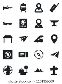 Set of vector isolated black icon - suitcase vector, train, ticket, passport, ladder car, boarding, plane, luggage scales, navigation, earth, pin, compass, mountains, table, paper, guidepost