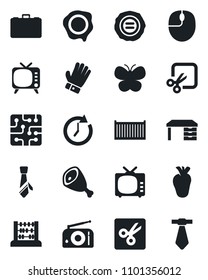 Set of vector isolated black icon - case vector, abacus, mouse, desk, stamp, glove, butterfly, real heart, cargo container, radio, tv, cut, tie, ham, chip, clock