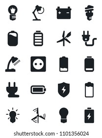 Set of vector isolated black icon - bulb vector, battery, low, protect, desk lamp, windmill, socket, power plug, energy saving