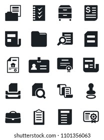 Set of vector isolated black icon - identity vector, stamp, contract, document search, receipt, folder, clipboard, case, news, checklist, paper tray, archive box, estate, certificate