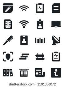 Set of vector isolated black icon - signpost vector, flight table, identity card, book, pen, document, pulse clipboard, barcode, satellite antenna, sim, notes, wireless, face id, news, paper binder