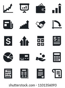 Set of vector isolated black icon - credit card vector, growth statistic, calculator, abacus, crisis graph, receipt, news, pie, contract, arrow up, handshake, wallet, investment, presentation
