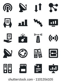 Set of vector isolated black icon - antenna vector, satellite, bomb in case, office binder, crisis graph, document, statistic monitor, diagnosis, network, scanner, sd, data exchange, bar, wireless