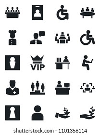Set of vector isolated black icon - male vector, female, vip, disabled, pedestal, meeting, manager place, doctor, speaker, user, identity card, hr, desk, cook, palm sproute, man with notebook