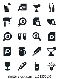 Set of vector isolated black icon - document search vector, blood test vial, thermometer, heart diagnostic, ampoule, fragile, water supply, estate, client, cocktail, phyto bar, beer, money, idea