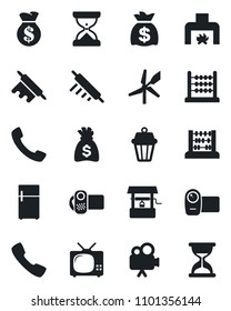 Set of vector isolated black icon - abacus vector, money bag, well, video camera, call, fireplace, tv, rolling pin, outdoor lamp, fridge, windmill, sand clock